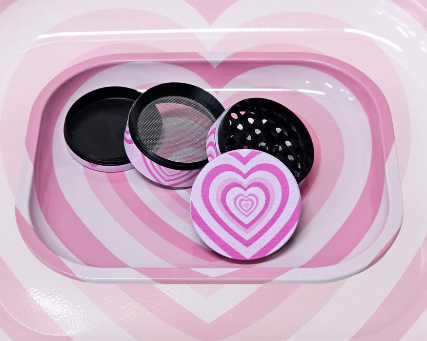 Pink Hearts Grinder And Tray Set, Girly Smoking Accessories, Cute Herb Grinder With Catcher, Holiday Gifts For Her, Rolling Tray Set