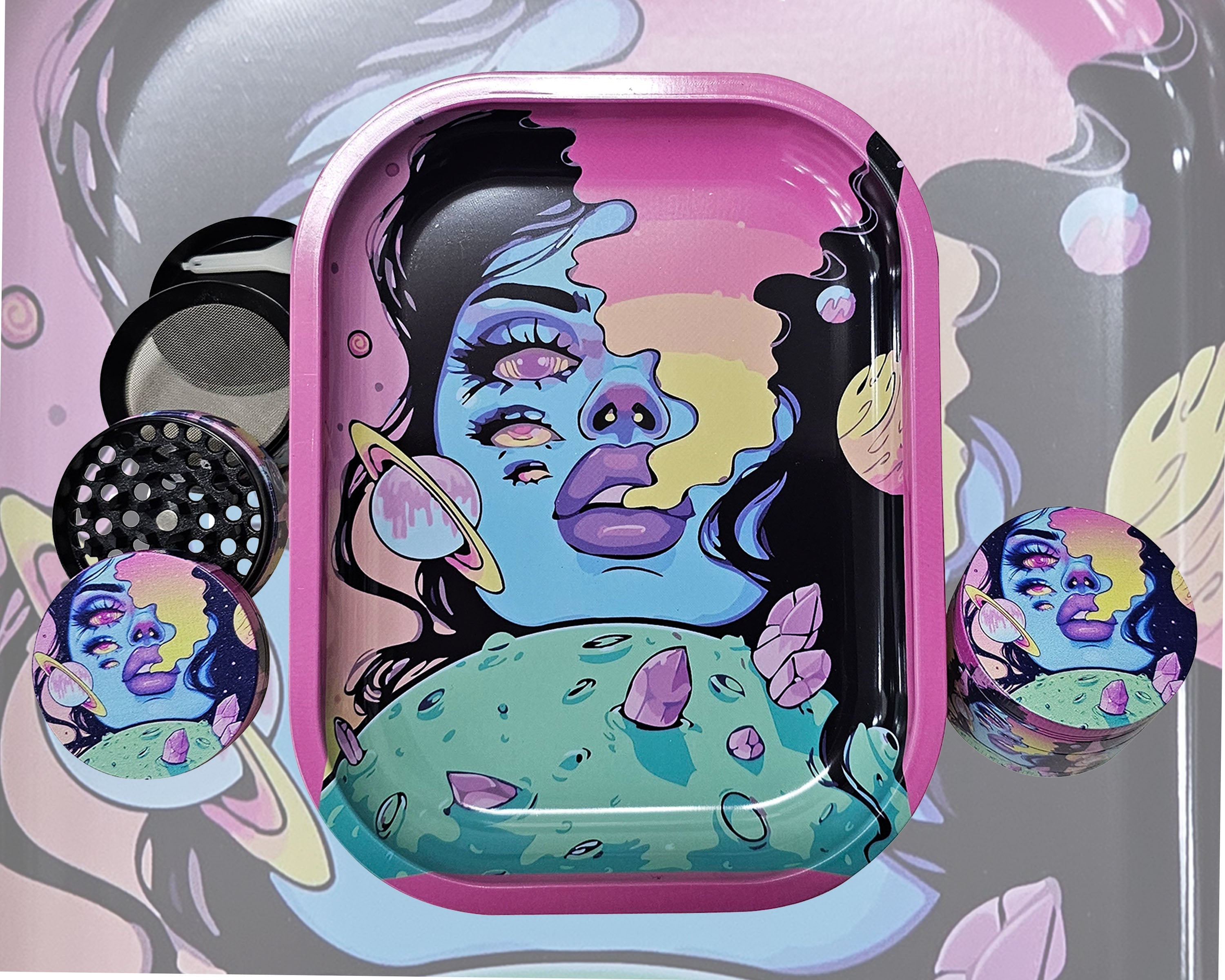 Spaced Out Decorative Tray and Culinary Spice Mill Matching Set, Girly Culinary Spice Mill With Catcher, Best Gifts For Her, Trippy Decorative Accessories