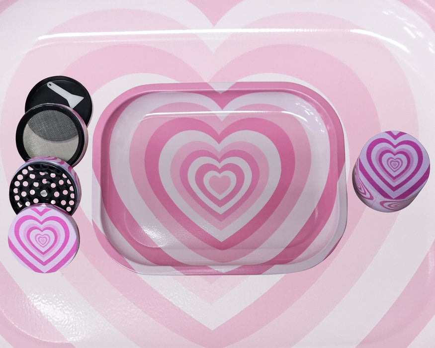 Pink Hearts Grinder And Tray Set, Girly Smoking Accessories, Cute Herb Grinder With Catcher, Holiday Gifts For Her, Rolling Tray Set