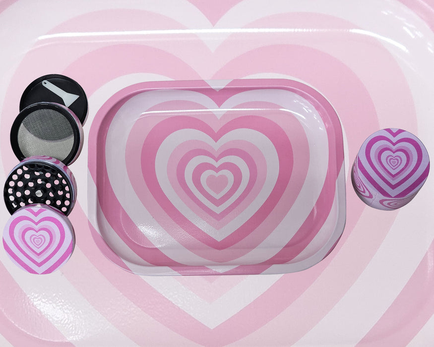 Pink Hearts Grinder And Tray Set, Girly Smoking Accessories, Cute Herb Grinder With Catcher, Holiday Gifts For Her, Rolling Tray Set