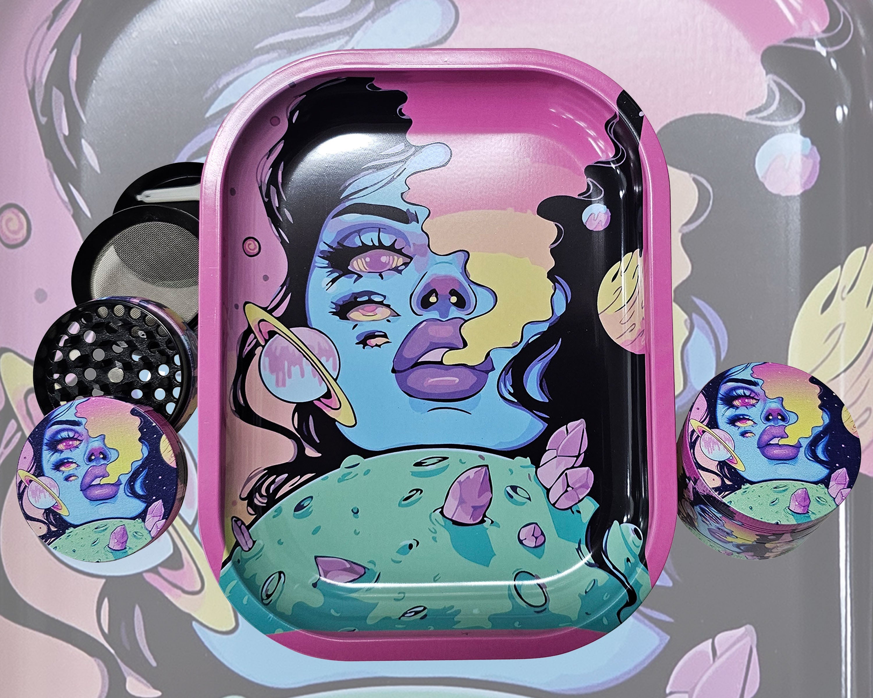 Spaced Out Decorative Tray and Culinary Spice Mill Matching Set, Girly Culinary Spice Mill With Catcher, Best Gifts For Her, Trippy Decorative Accessories