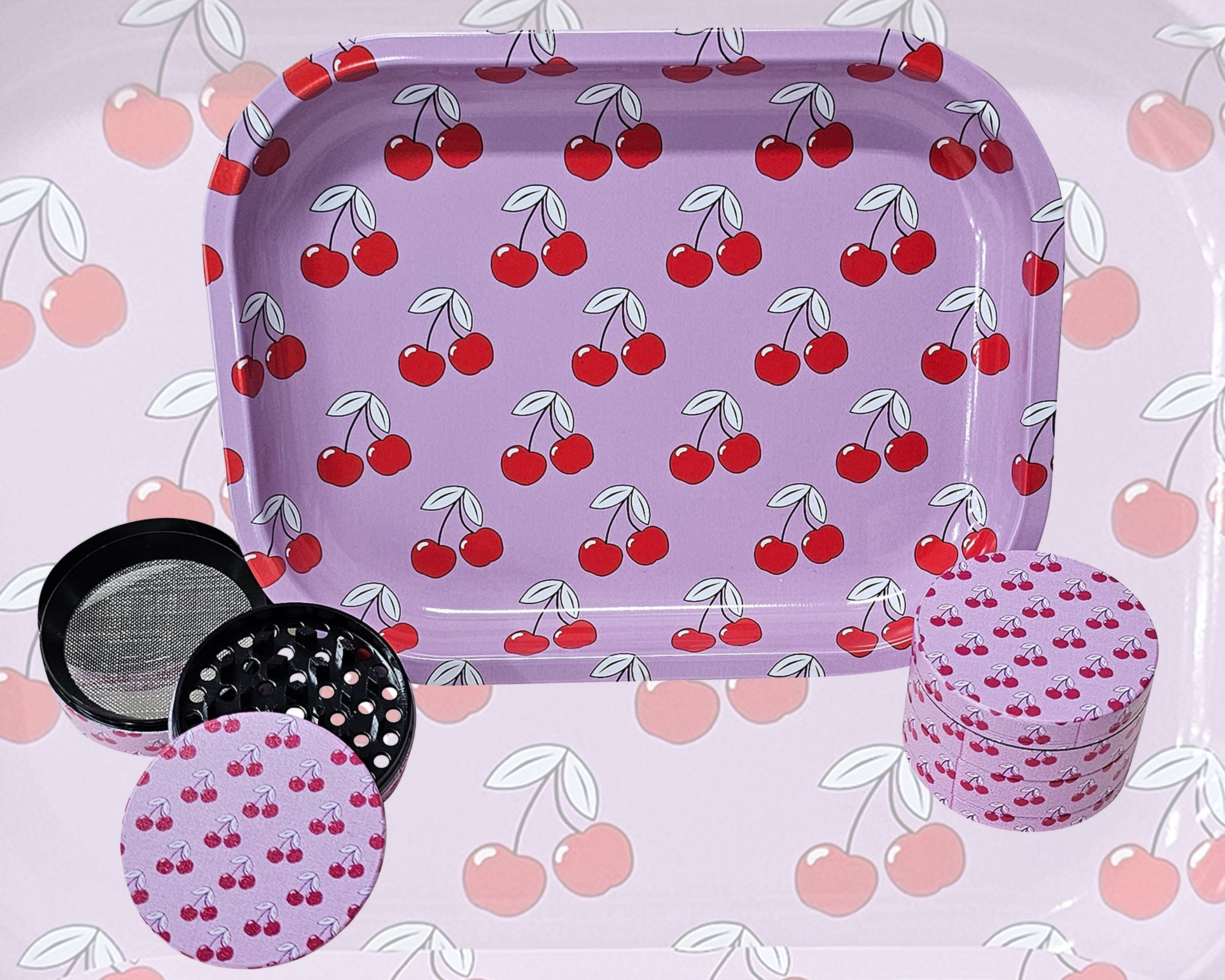 Cute Cherry Kitchen Set, Pink Decorative Tray and Culinary Spice Mill Matching Set, Girly Culinary Spice Mill, Best Gifts For Her, Female Decorative Accessories, Gift