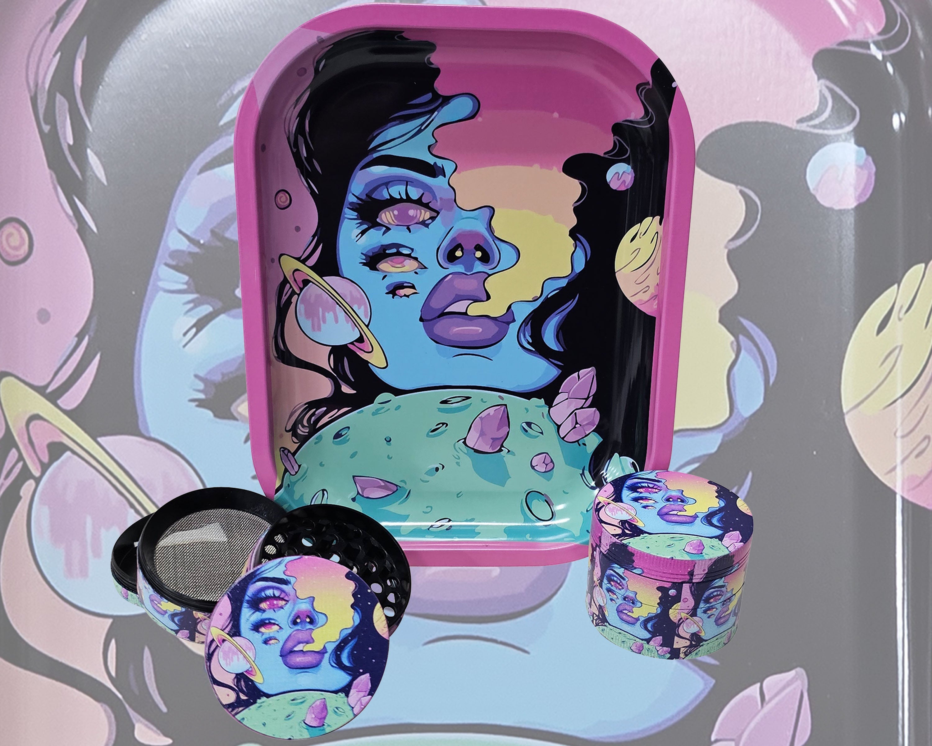 Spaced Out Decorative Tray and Culinary Spice Mill Matching Set, Girly Culinary Spice Mill With Catcher, Best Gifts For Her, Trippy Decorative Accessories