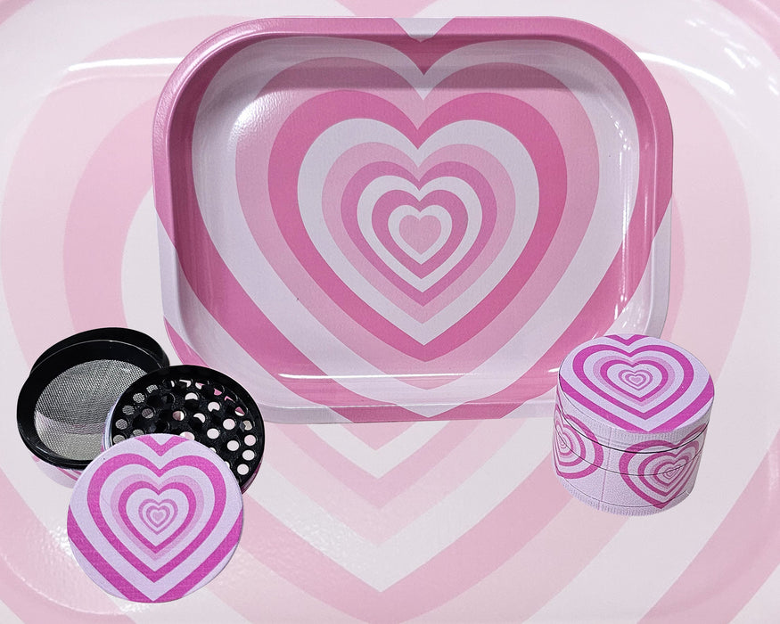 Pink Hearts Grinder And Tray Set, Girly Smoking Accessories, Cute Herb Grinder With Catcher, Holiday Gifts For Her, Rolling Tray Set