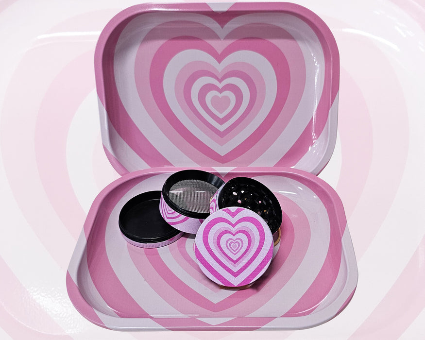 Pink Hearts Grinder And Tray Set, Girly Smoking Accessories, Cute Herb Grinder With Catcher, Holiday Gifts For Her, Rolling Tray Set