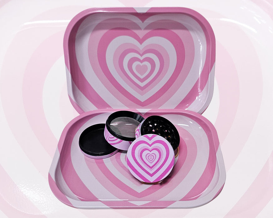 Pink Hearts Grinder And Tray Set, Girly Smoking Accessories, Cute Herb Grinder With Catcher, Holiday Gifts For Her, Rolling Tray Set