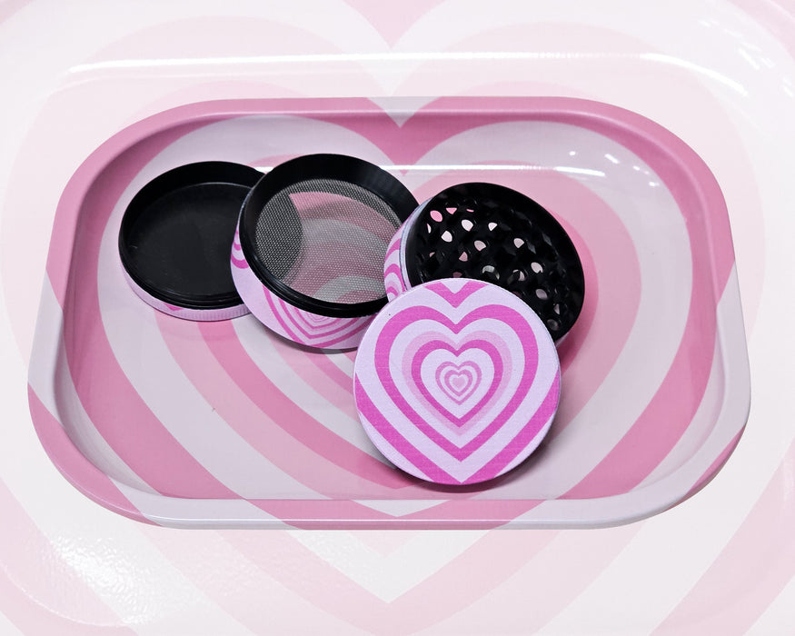 Pink Hearts Grinder And Tray Set, Girly Smoking Accessories, Cute Herb Grinder With Catcher, Holiday Gifts For Her, Rolling Tray Set