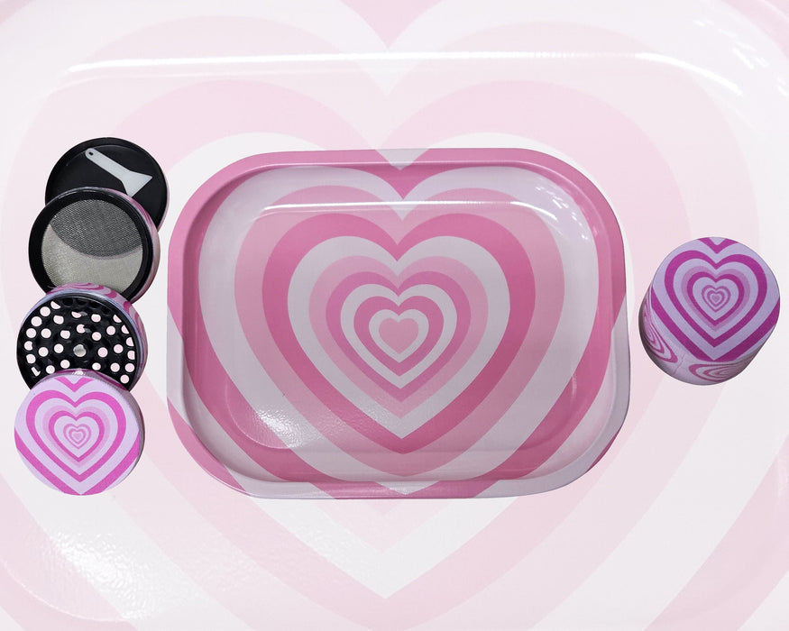 Pink Hearts Grinder And Tray Set, Girly Smoking Accessories, Cute Herb Grinder With Catcher, Holiday Gifts For Her, Rolling Tray Set