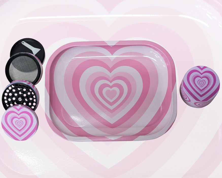 Pink Hearts Grinder And Tray Set, Girly Smoking Accessories, Cute Herb Grinder With Catcher, Holiday Gifts For Her, Rolling Tray Set