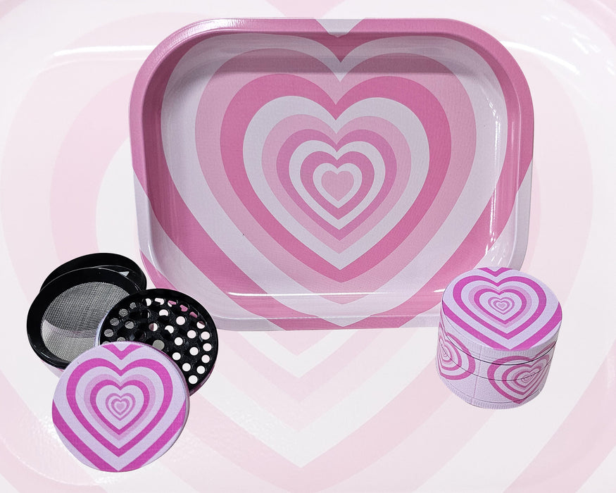 Pink Hearts Grinder And Tray Set, Girly Smoking Accessories, Cute Herb Grinder With Catcher, Holiday Gifts For Her, Rolling Tray Set