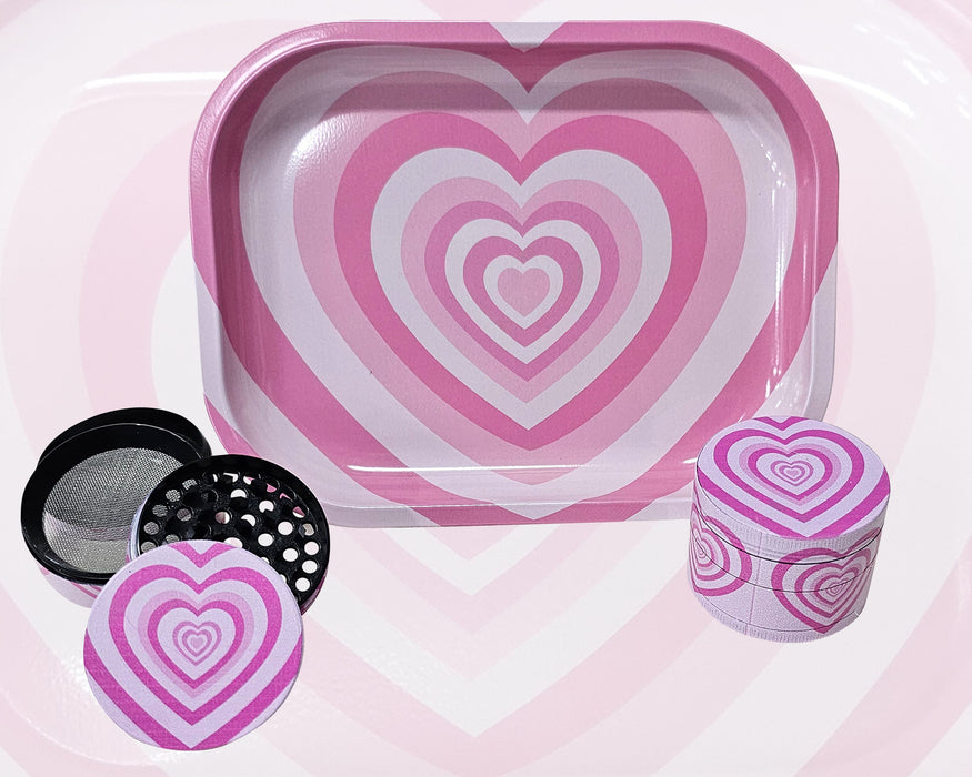 Pink Hearts Grinder And Tray Set, Girly Smoking Accessories, Cute Herb Grinder With Catcher, Holiday Gifts For Her, Rolling Tray Set