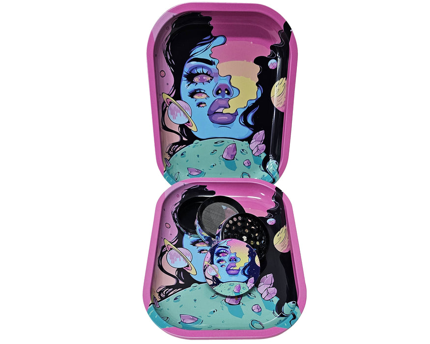 Spaced Out Rolling Tray and Grinder Matching Set, Girly Grinder With Catcher, Best Gifts For Her, Trippy Smoking Accessories, Gift Box