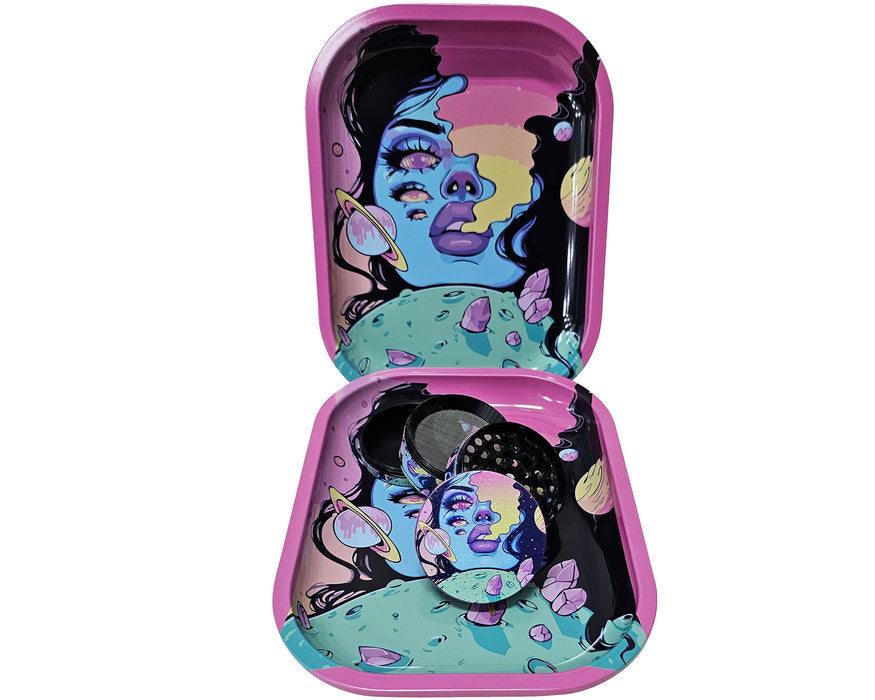 Spaced Out Rolling Tray and Grinder Matching Set, Girly Grinder With Catcher, Best Gifts For Her, Trippy Smoking Accessories, Gift Box