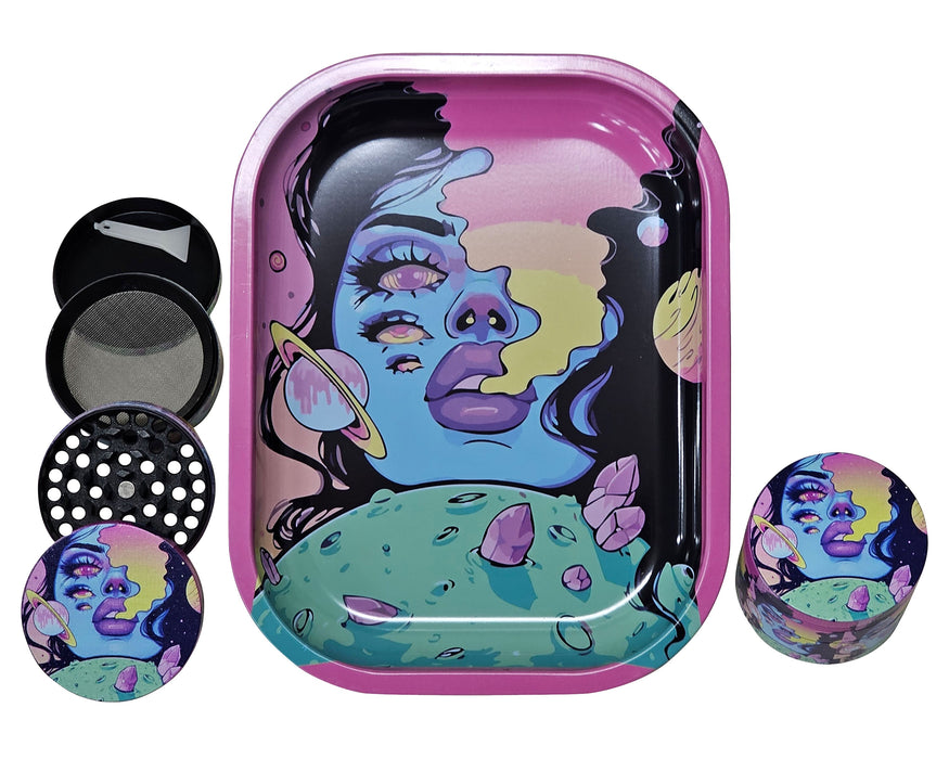 Spaced Out Rolling Tray and Grinder Matching Set, Girly Grinder With Catcher, Best Gifts For Her, Trippy Smoking Accessories, Gift Box