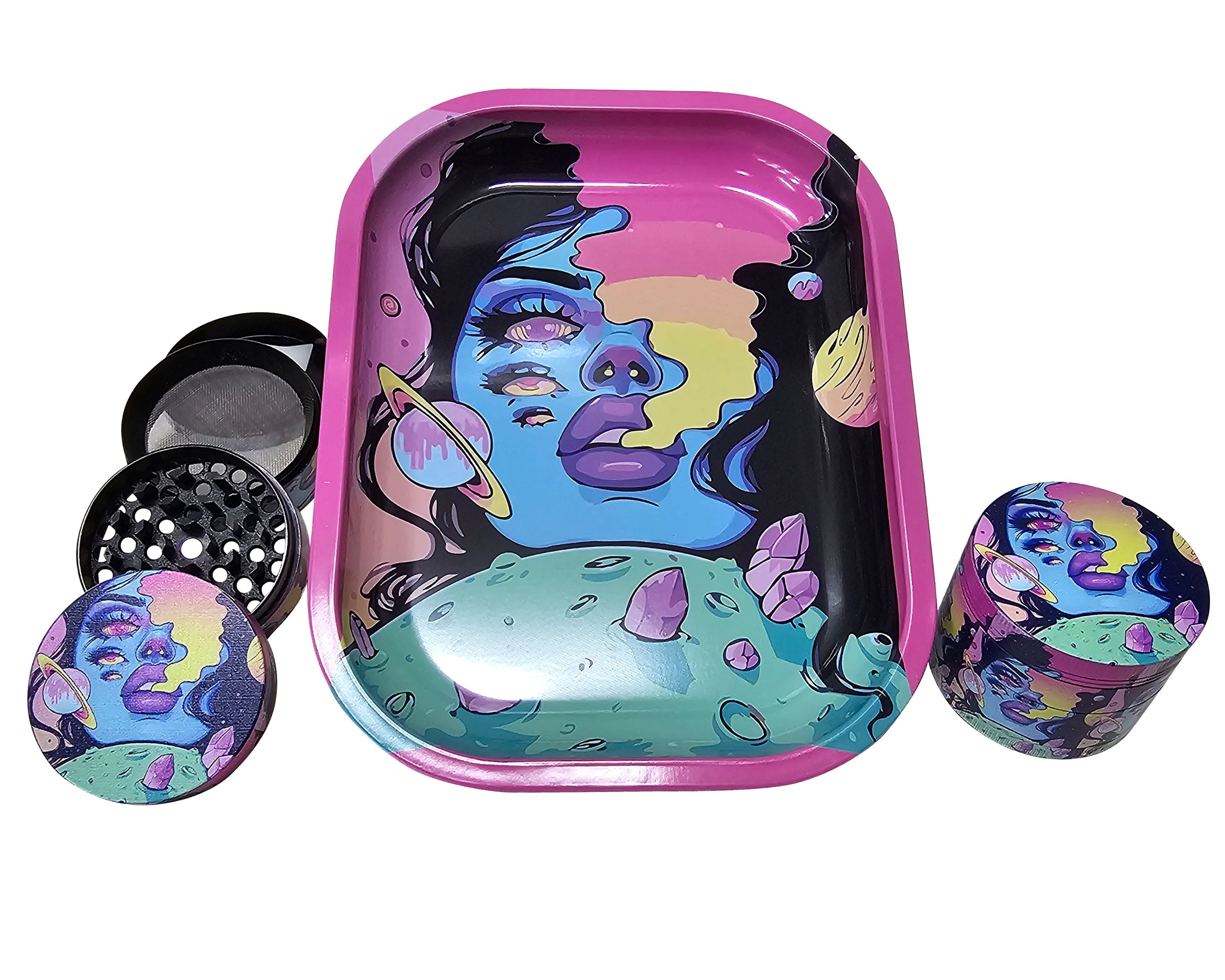 Spaced Out Decorative Tray and Culinary Spice Mill Matching Set, Girly Culinary Spice Mill With Catcher, Best Gifts For Her, Trippy Decorative Accessories
