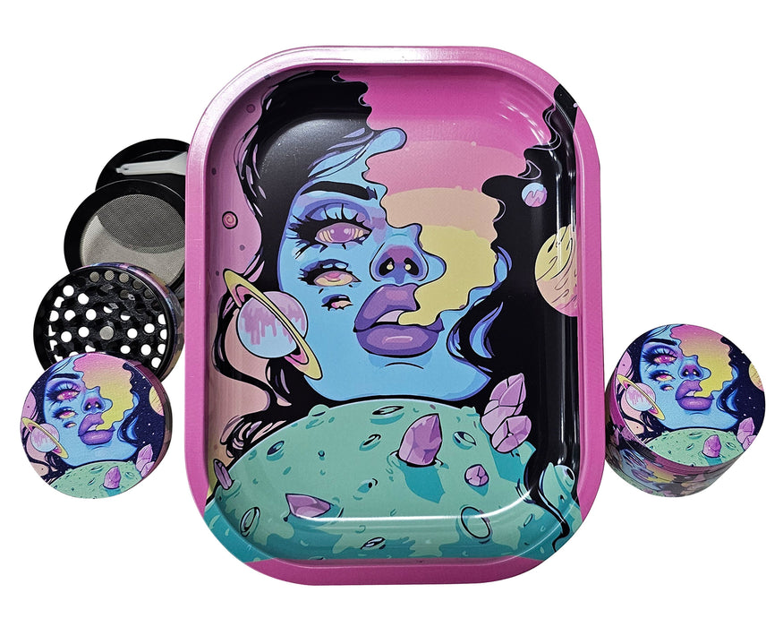 Spaced Out Rolling Tray and Grinder Matching Set, Girly Grinder With Catcher, Best Gifts For Her, Trippy Smoking Accessories, Gift Box