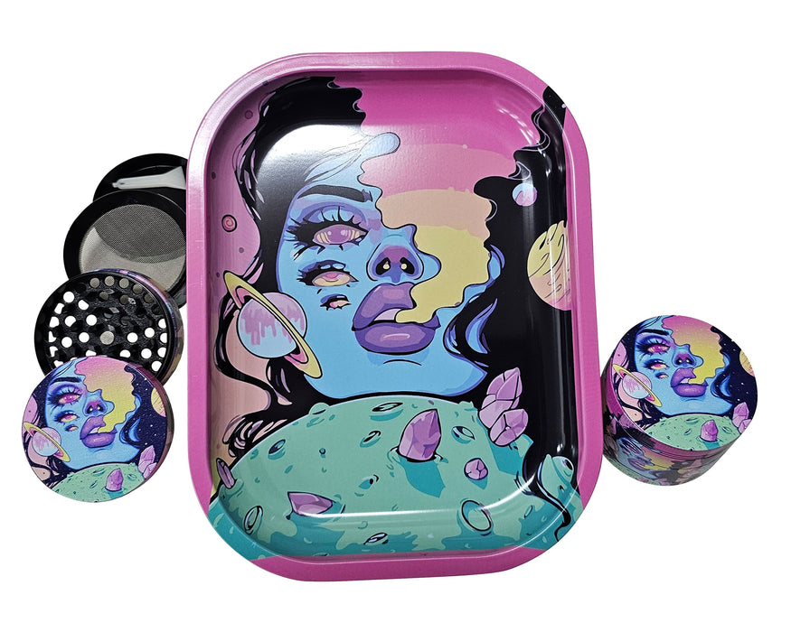 Spaced Out Rolling Tray and Grinder Matching Set, Girly Grinder With Catcher, Best Gifts For Her, Trippy Smoking Accessories, Gift Box