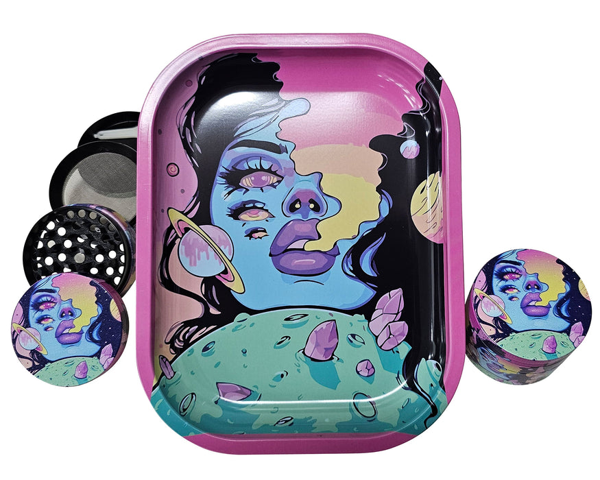 Spaced Out Rolling Tray and Grinder Matching Set, Girly Grinder With Catcher, Best Gifts For Her, Trippy Smoking Accessories, Gift Box