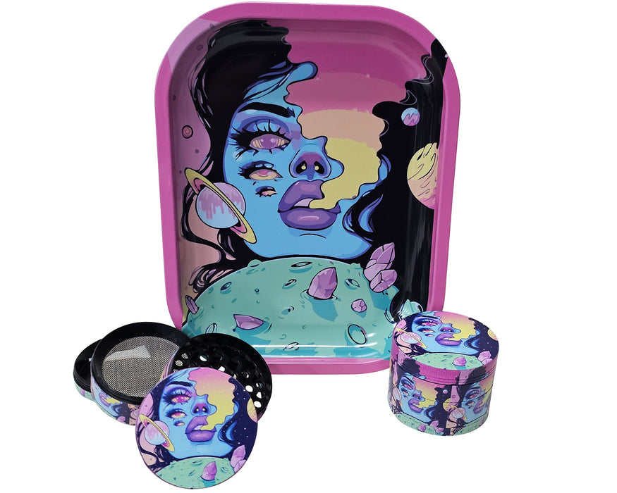 Spaced Out Rolling Tray and Grinder Matching Set, Girly Grinder With Catcher, Best Gifts For Her, Trippy Smoking Accessories, Gift Box