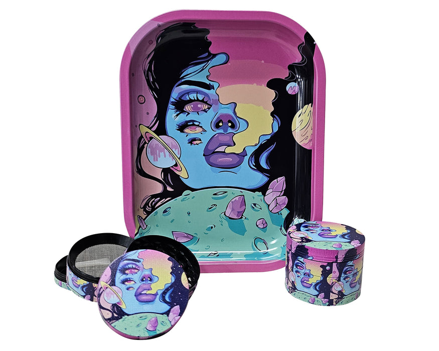 Spaced Out Rolling Tray and Grinder Matching Set, Girly Grinder With Catcher, Best Gifts For Her, Trippy Smoking Accessories, Gift Box