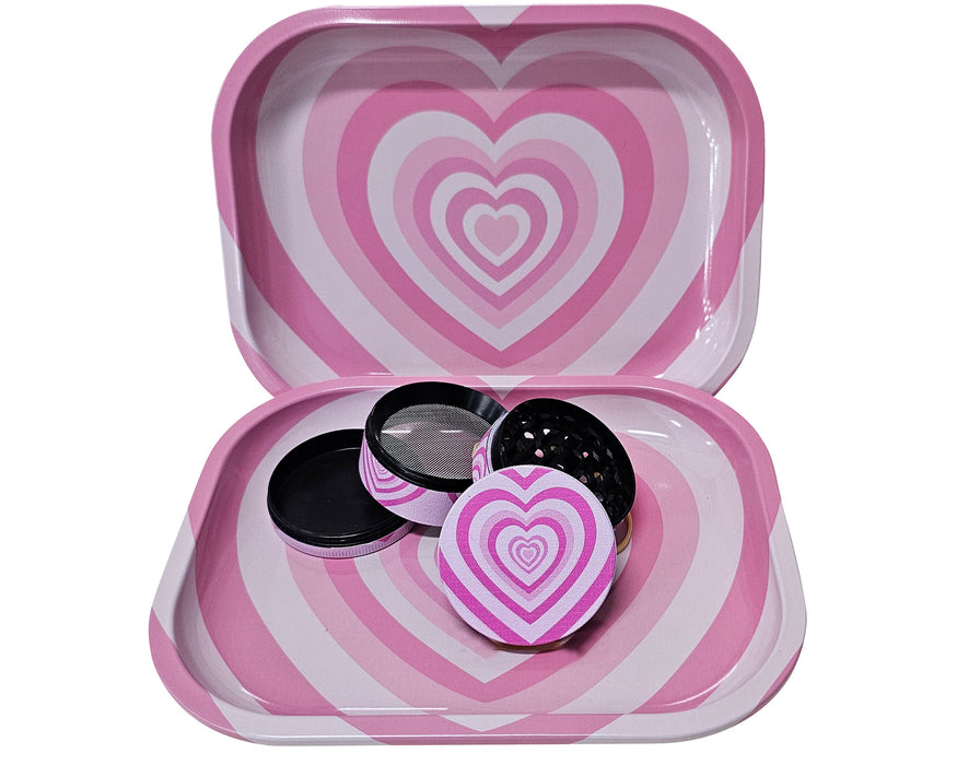 Pink Hearts Grinder And Tray Set, Girly Smoking Accessories, Cute Herb Grinder With Catcher, Holiday Gifts For Her, Rolling Tray Set