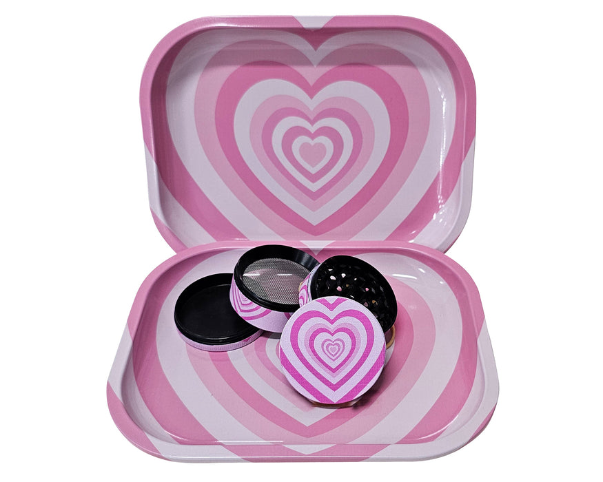 Pink Hearts Grinder And Tray Set, Girly Smoking Accessories, Cute Herb Grinder With Catcher, Holiday Gifts For Her, Rolling Tray Set