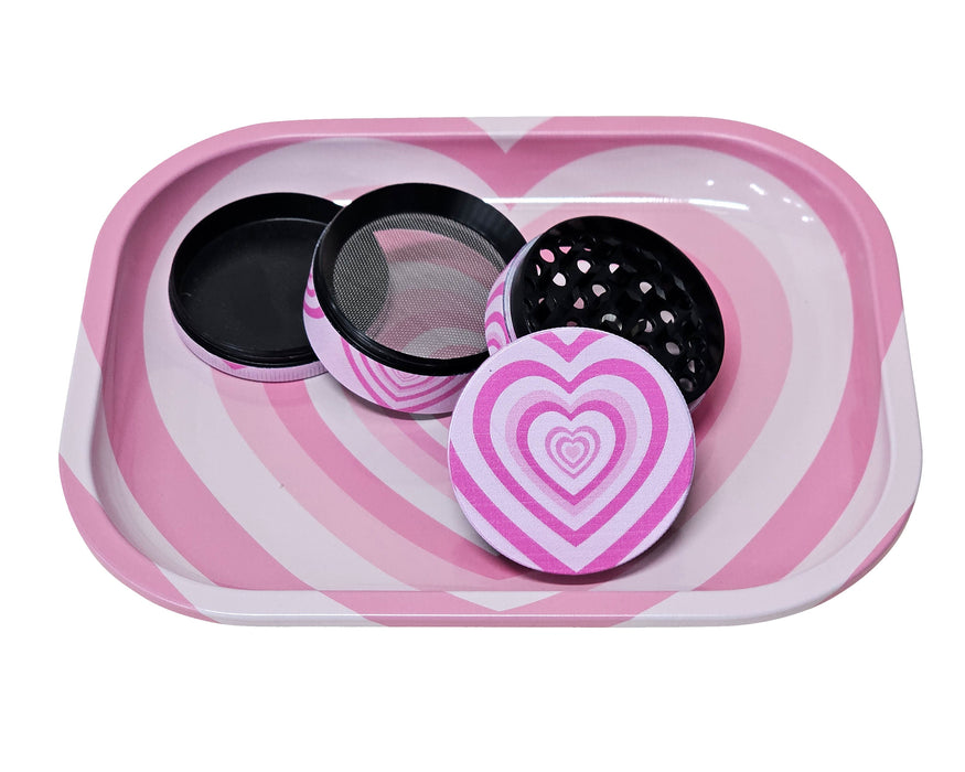 Pink Hearts Grinder And Tray Set, Girly Smoking Accessories, Cute Herb Grinder With Catcher, Holiday Gifts For Her, Rolling Tray Set