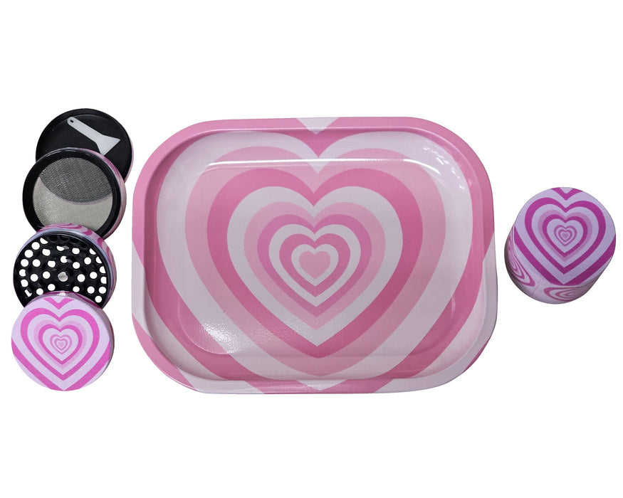 Pink Hearts Grinder And Tray Set, Girly Smoking Accessories, Cute Herb Grinder With Catcher, Holiday Gifts For Her, Rolling Tray Set