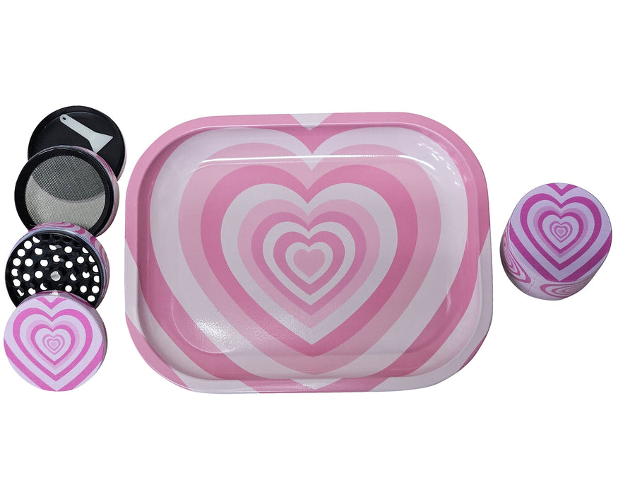 Pink Hearts Grinder And Tray Set, Girly Smoking Accessories, Cute Herb Grinder With Catcher, Holiday Gifts For Her, Rolling Tray Set