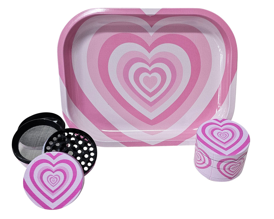 Pink Hearts Grinder And Tray Set, Girly Smoking Accessories, Cute Herb Grinder With Catcher, Holiday Gifts For Her, Rolling Tray Set