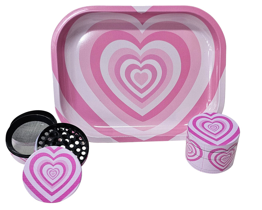 Pink Hearts Grinder And Tray Set, Girly Smoking Accessories, Cute Herb Grinder With Catcher, Holiday Gifts For Her, Rolling Tray Set