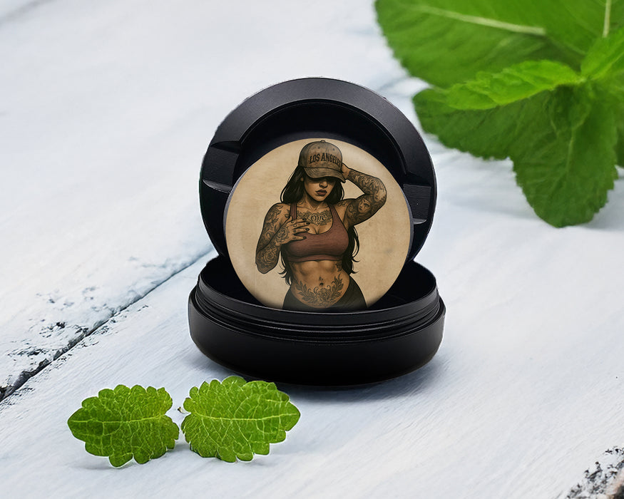 Snus Storage Case Tough Tattooed Woman with Bandana Pin-Up Vibes Black