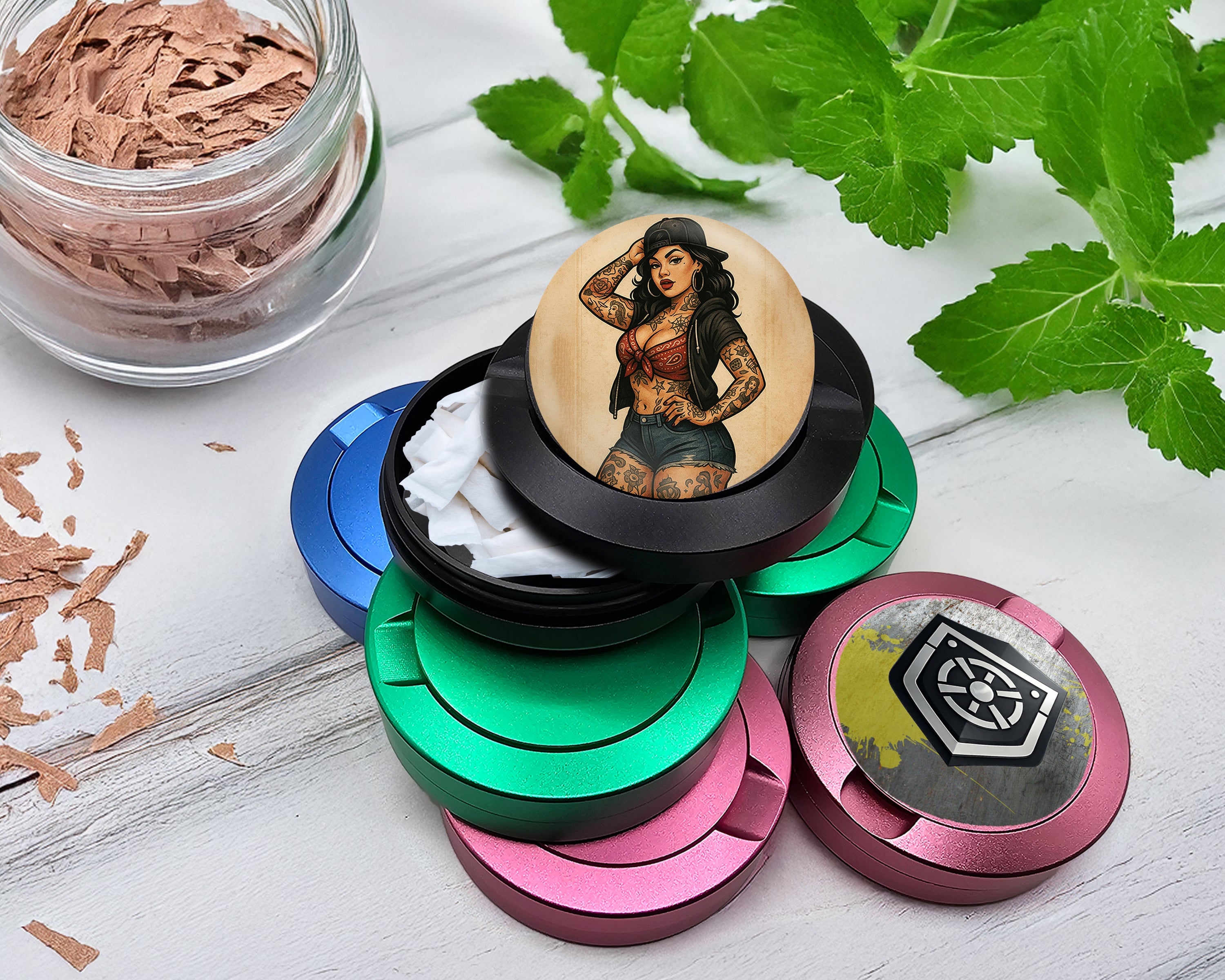 Snus Storage Case Pin-Up Girl with Tattoos Classic Rockabilly Style Black