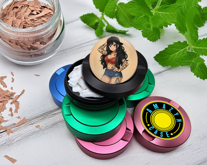 Snus Storage Case Anime Retro Pin-Up Girl with Long Hair and Tattoos Black