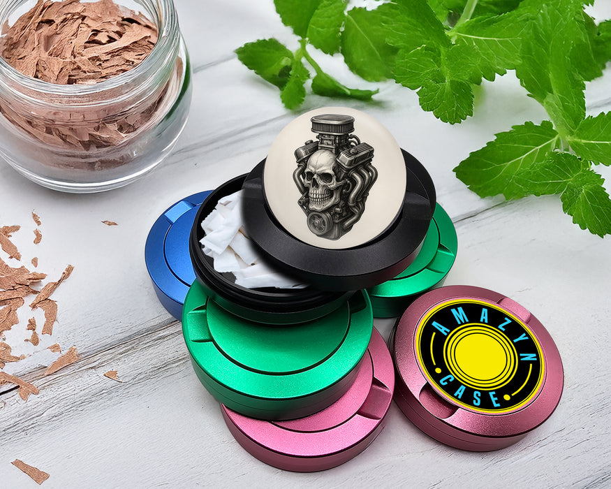 Snus Storage Case Skull Engine Mashup for Mechanics and Gearheads Black