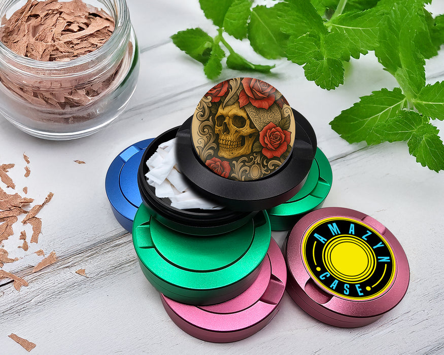 Snus Storage Case Grunge Skull and Rose Flash Art Circle Design Black
