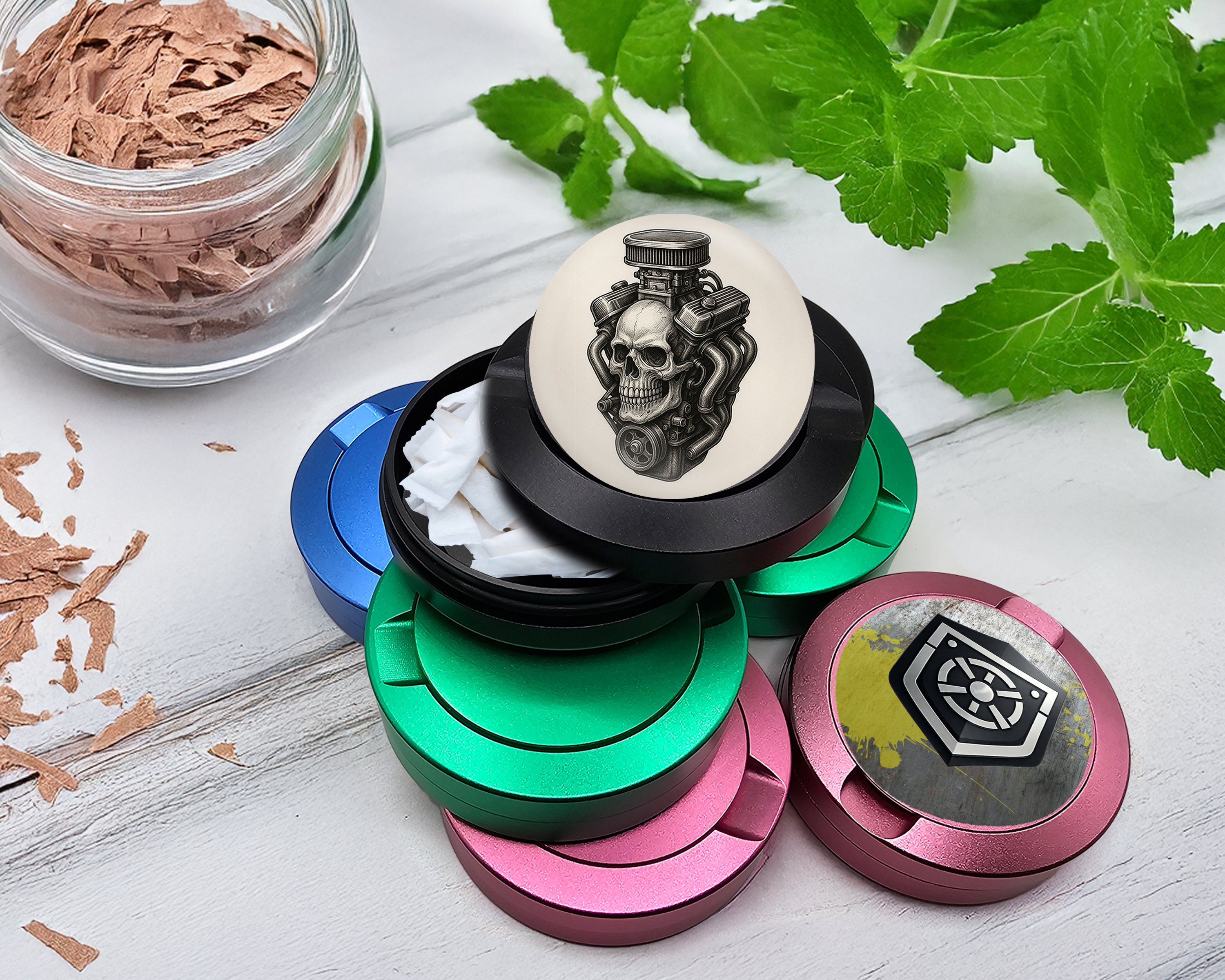 Snus Storage Case Skull Engine Mashup for Mechanics and Gearheads Black