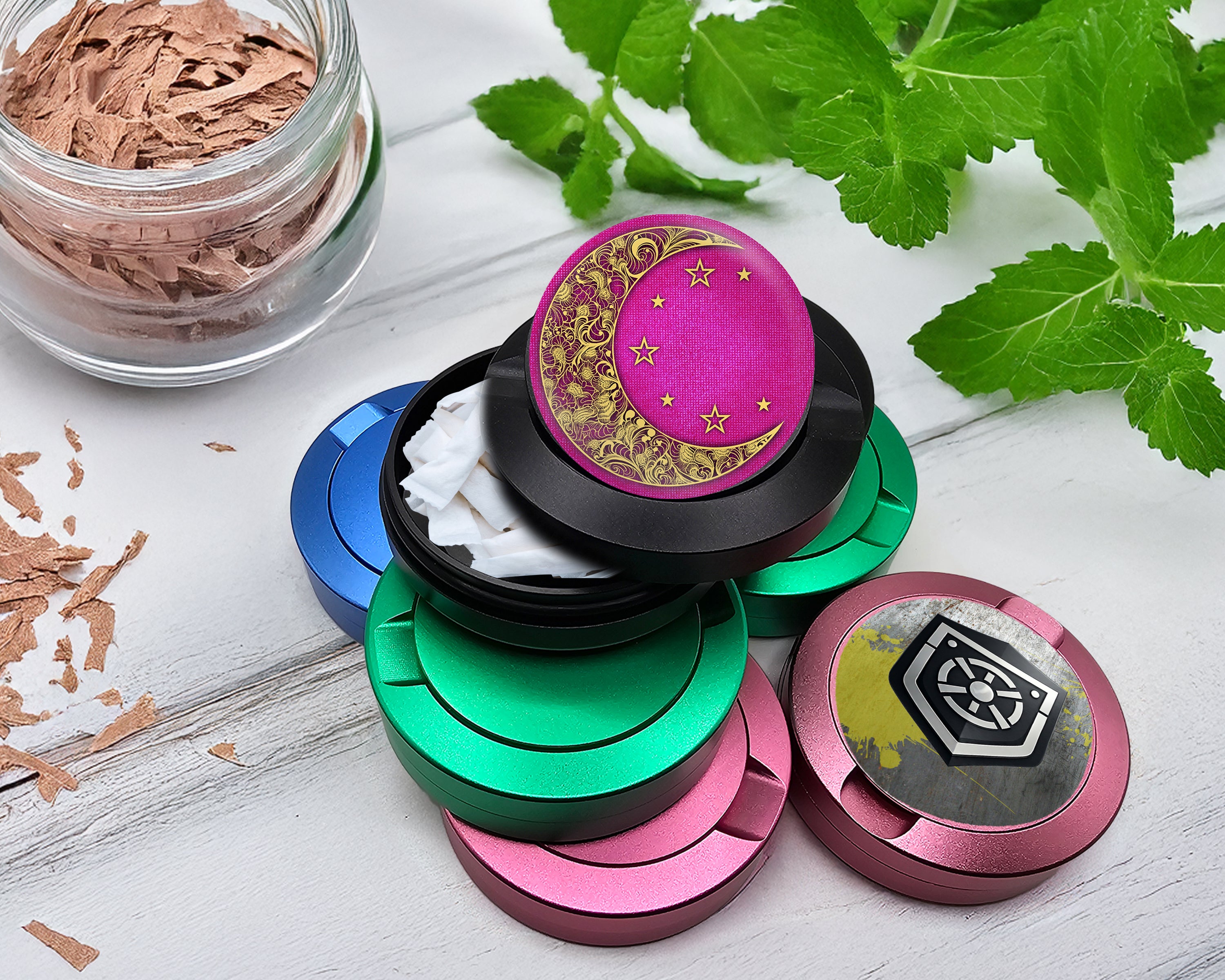 Snus Storage Case Girly Pink Crescent Moon and Stars Black