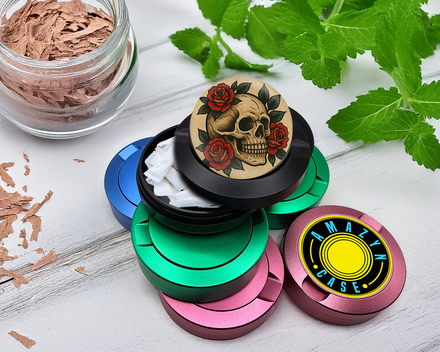 Snus Storage Case Skull with Red Roses Tattoo Flash Style Black