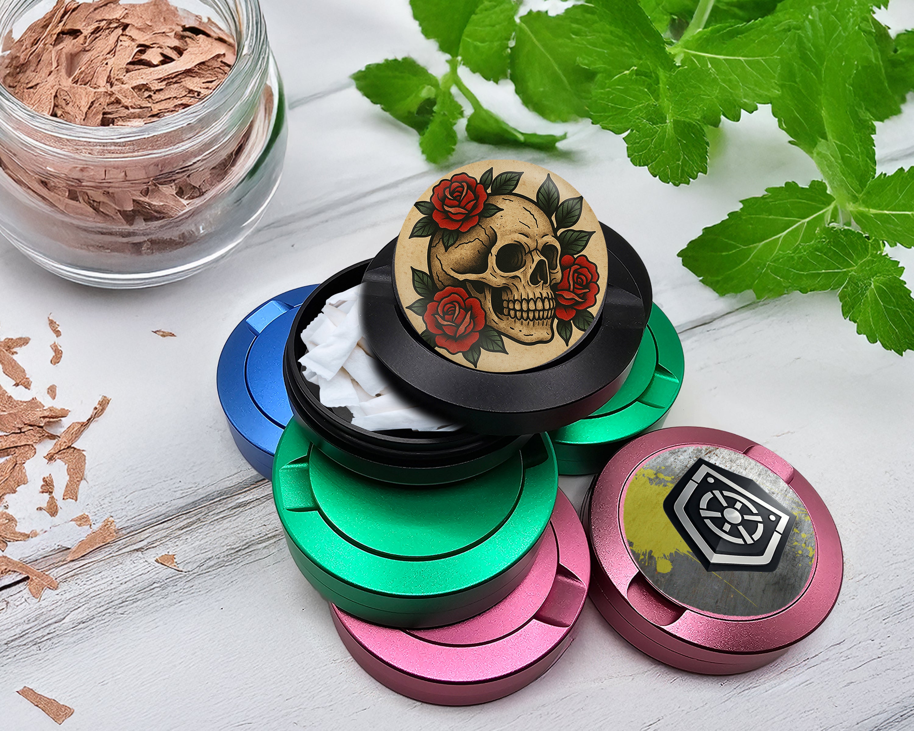 Snus Storage Case Skull with Red Roses Tattoo Flash Style Black