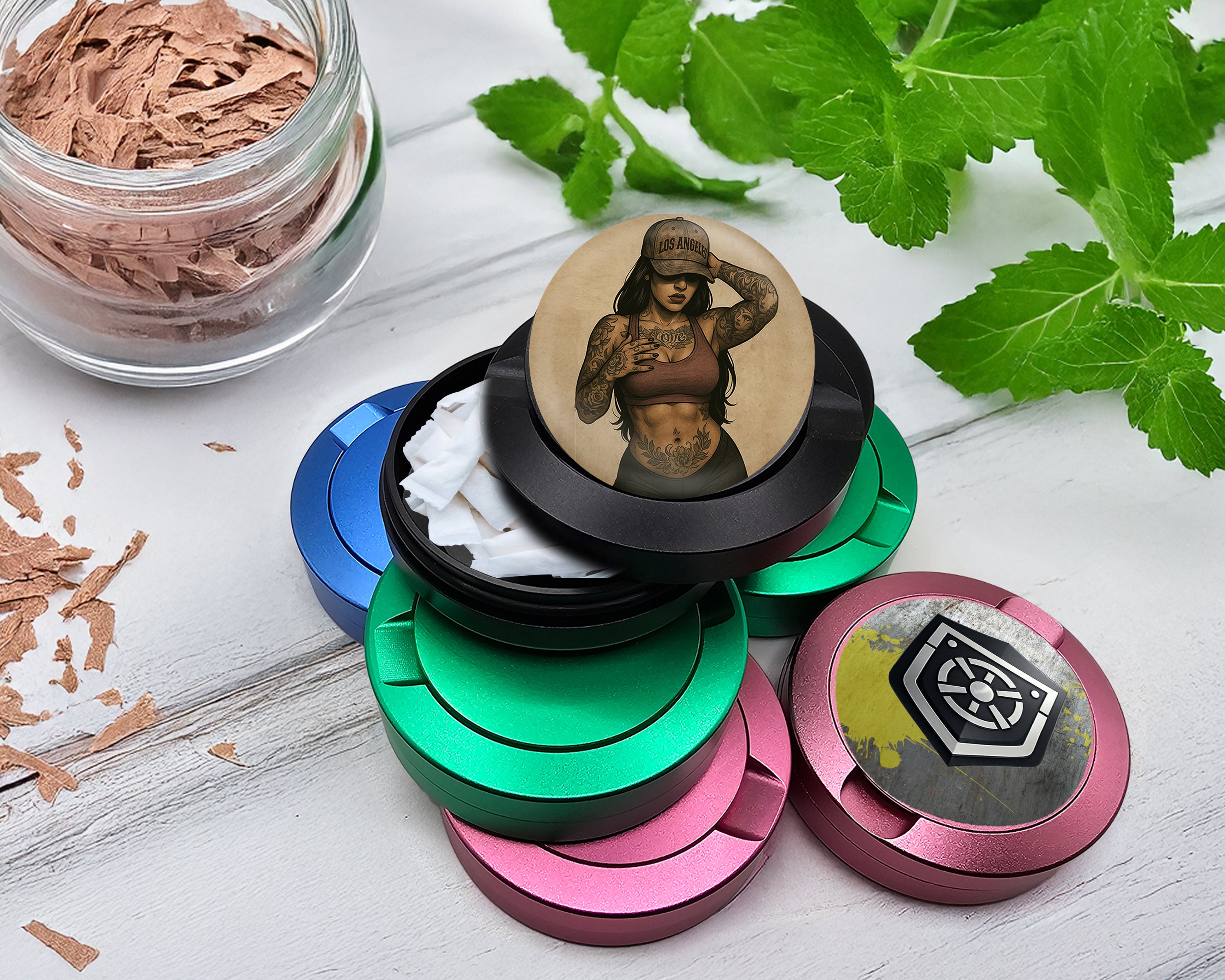 Snus Storage Case Tough Tattooed Woman with Bandana Pin-Up Vibes Black