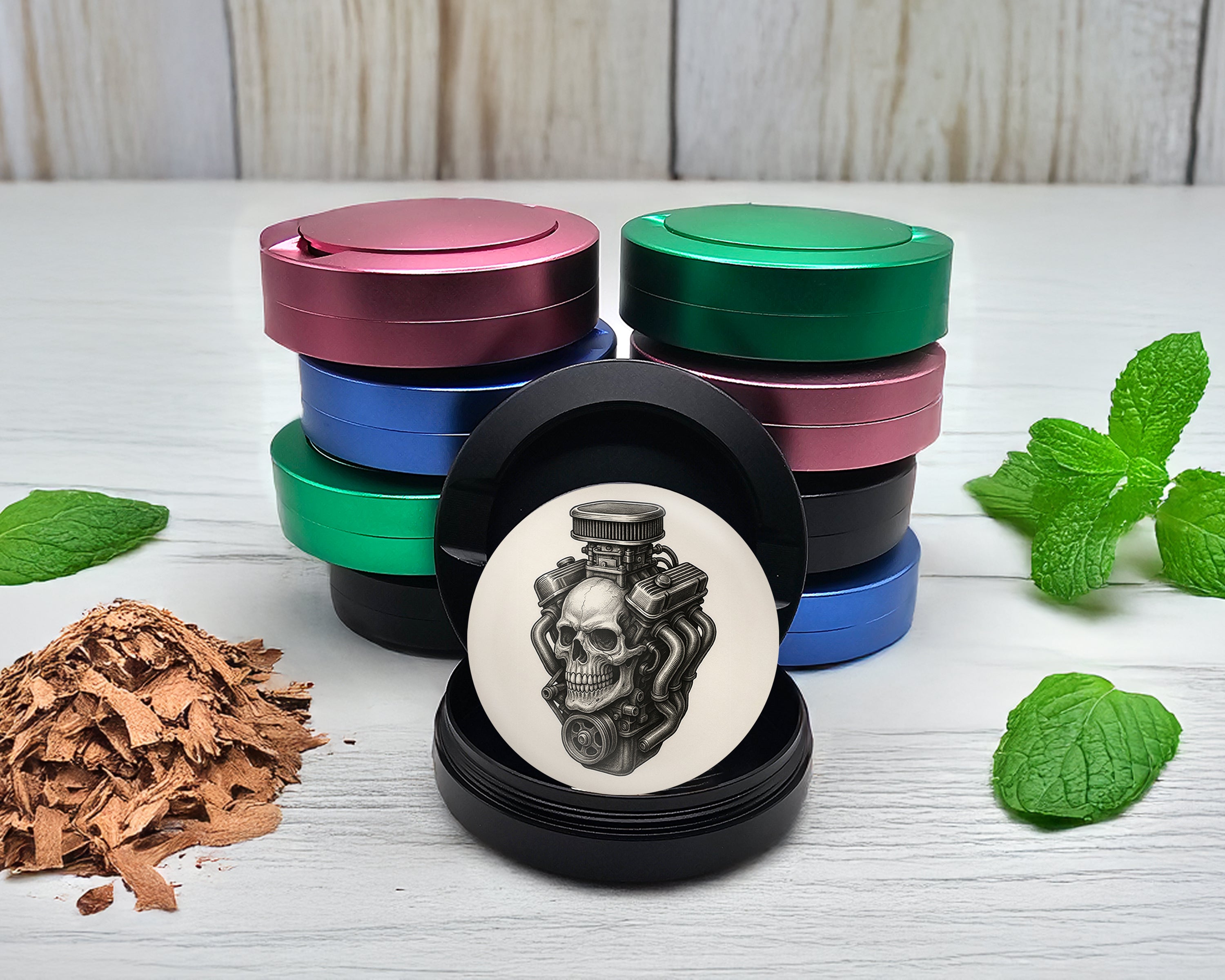 Snus Storage Case Skull Engine Mashup for Mechanics and Gearheads Black
