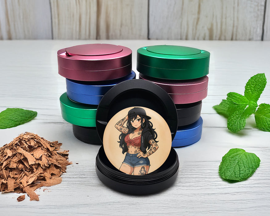 Snus Storage Case Anime Retro Pin-Up Girl with Long Hair and Tattoos Black