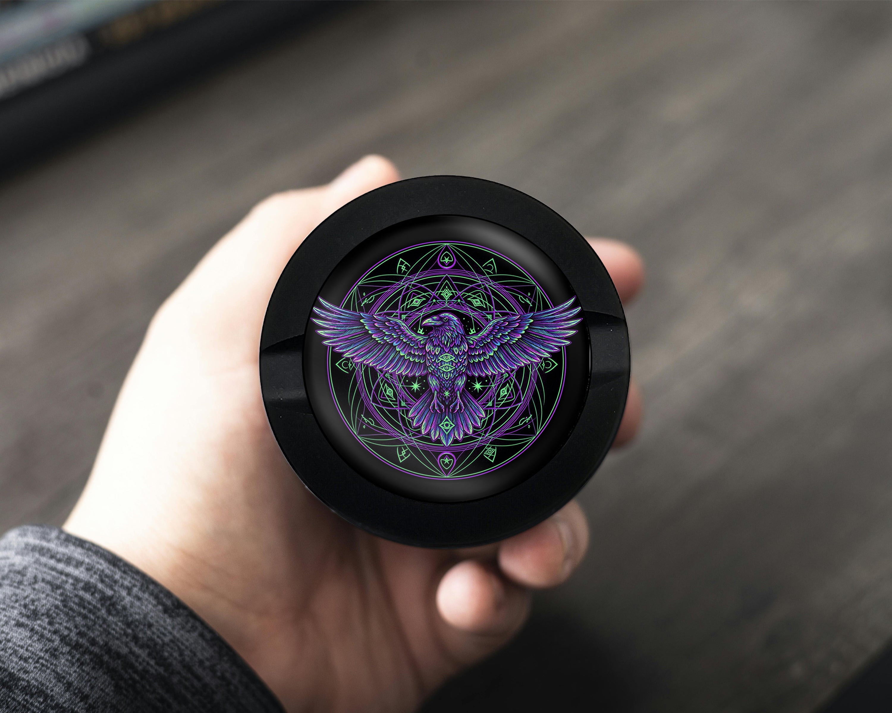 Psychedelic Raven Sigil Circle Snus Storage Case Bottle Opener