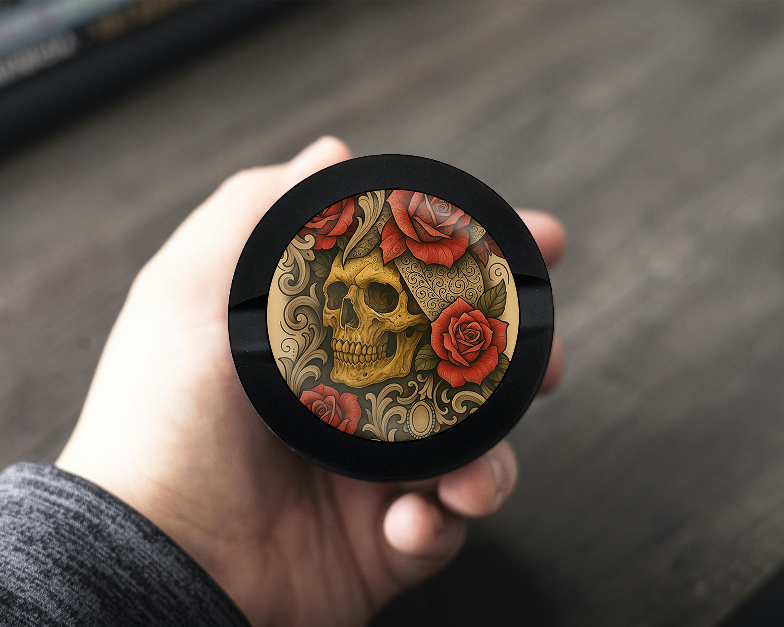 Grunge Skull and Rose Flash Art Circle Design Snus Storage Case Bottle Opener