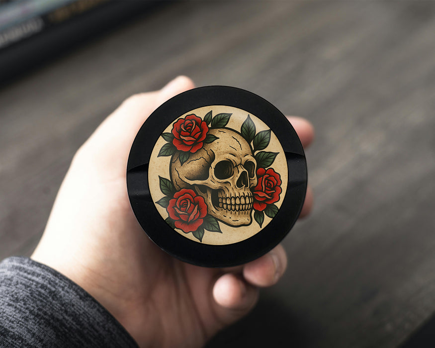Snus Storage Case Skull with Red Roses Tattoo Flash Style Black
