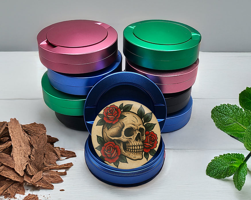 Skull with Red Roses Tattoo Flash Style Snus Storage Case Blue
