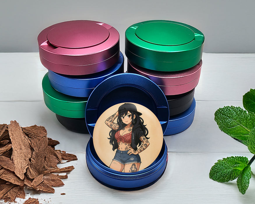 Anime Retro Pin-Up Girl with Long Hair and Tattoos Snus Storage Case Blue