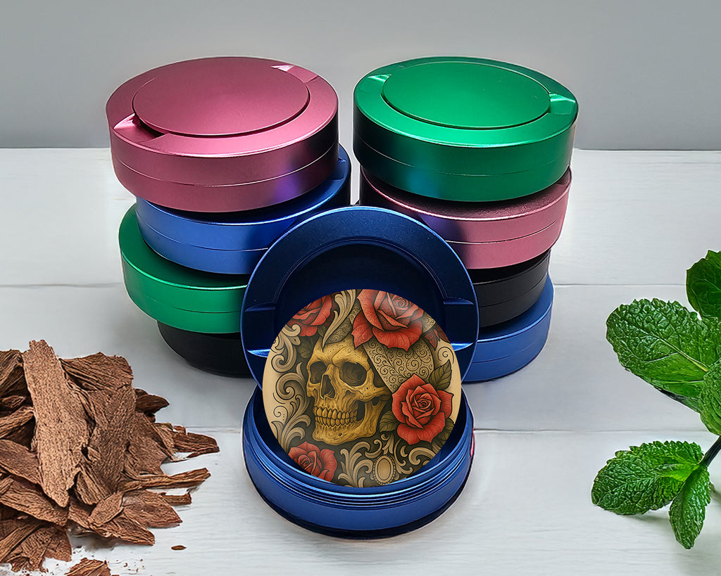 Grunge Skull and Rose Flash Art Circle Design Snus Storage Case Blue