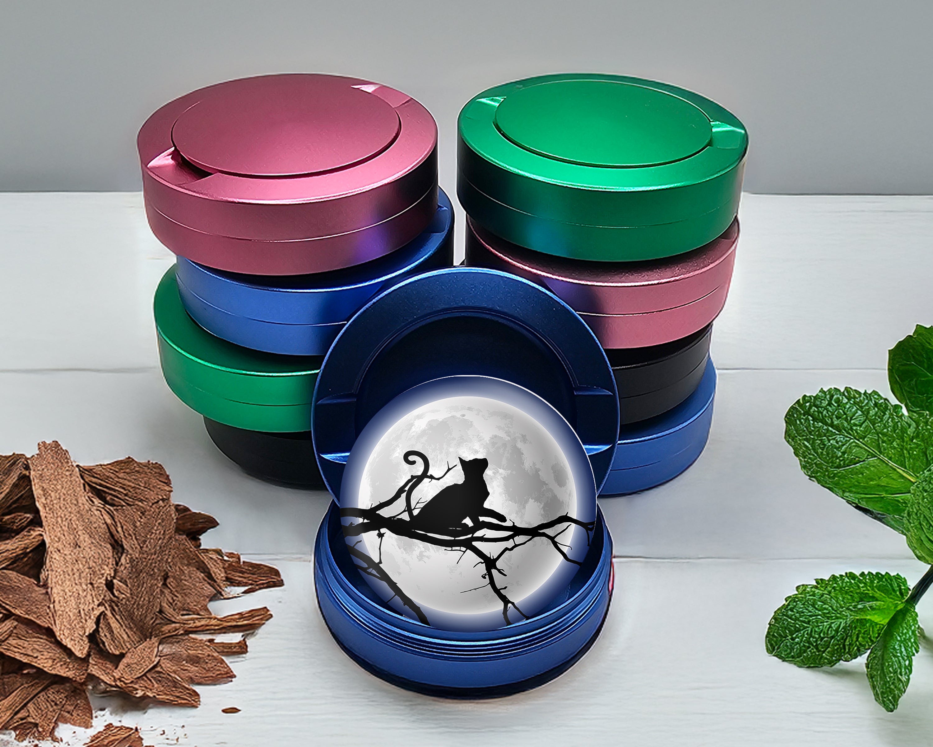 Cat With Full Moon Grinder Snus Storage Case Blue